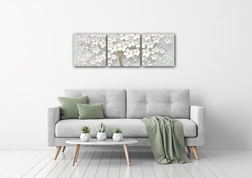 Bild White tree with flowers - 90 x 30 cm (3-teiliges)