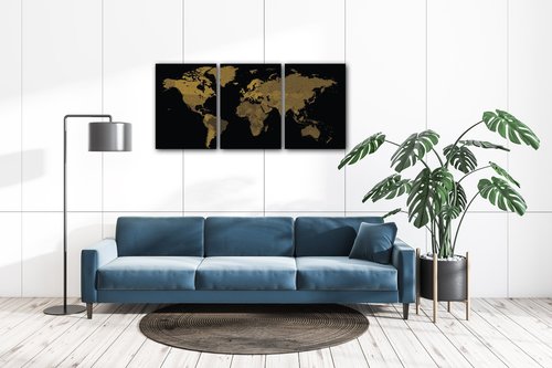 Bild World map golden black - 150 x 70 cm (3-teiliges)