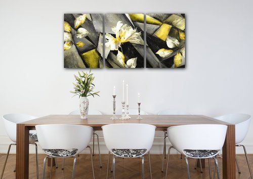 Bild Grey and yellow abstract with flower - 150 x 70 cm (3-teiliges)
