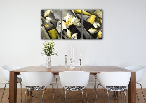 Bild Grey and yellow abstract with flower - 120 x 60 cm (3-teiliges)