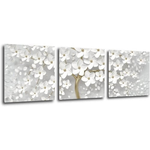 Bild White tree with flowers - 90 x 30 cm (3-teiliges)