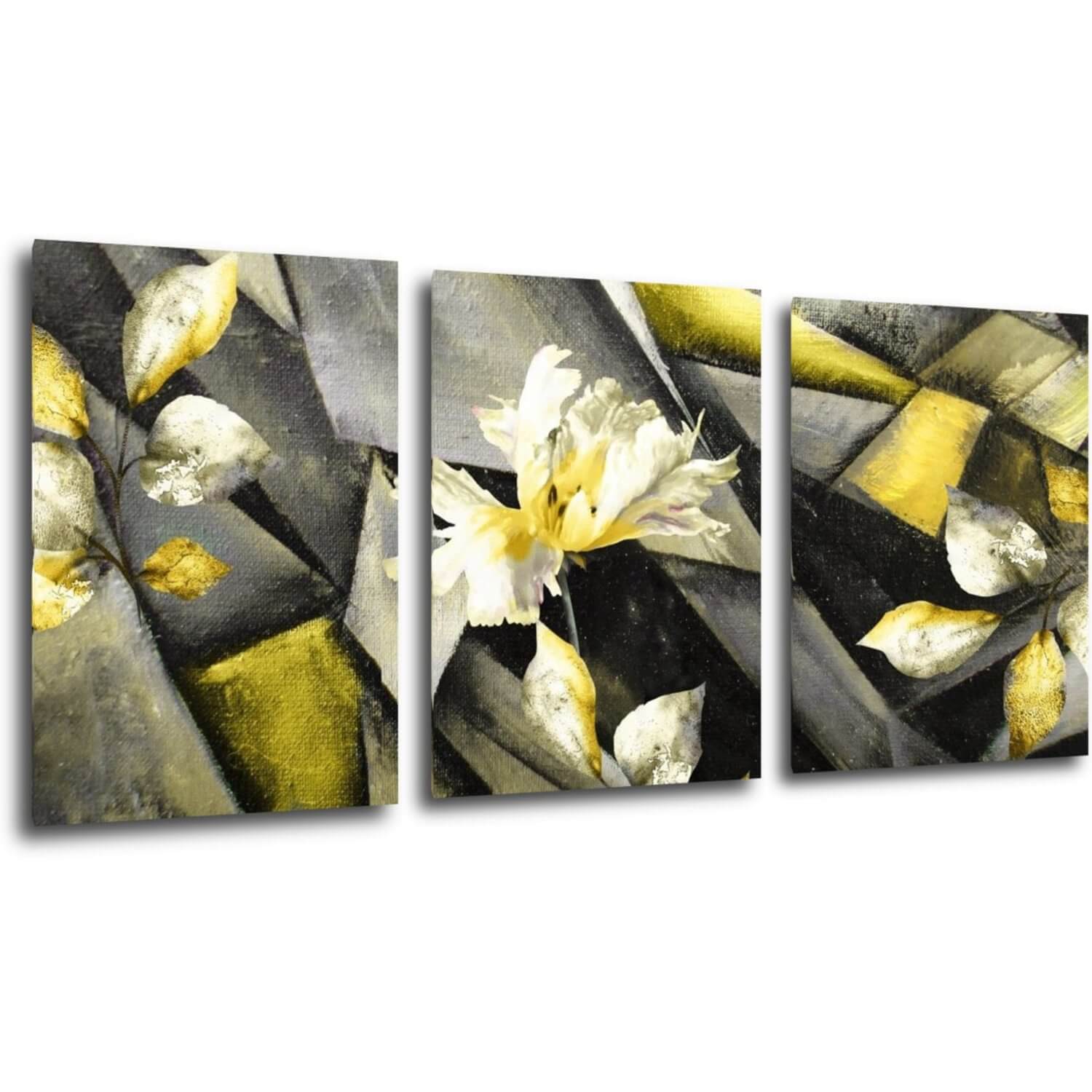 Bild Grey and yellow abstract with flower - 150 x 70 cm (3-teiliges)