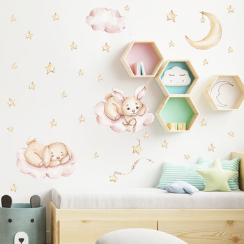 Wandaufkleber für das Kinderzimmer Rabbits and pink clouds