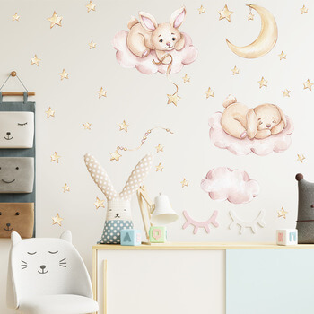 Wandaufkleber für das Kinderzimmer Rabbits and pink clouds