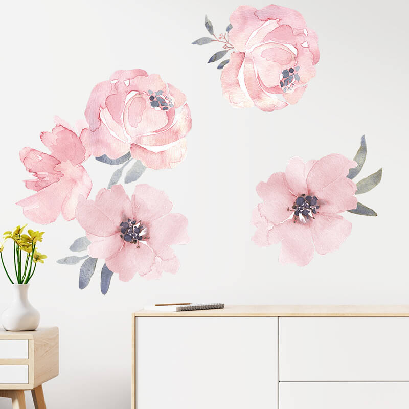Wandaufkleber für das Kinderzimmer Pink flowers with leafes - 90x30cm