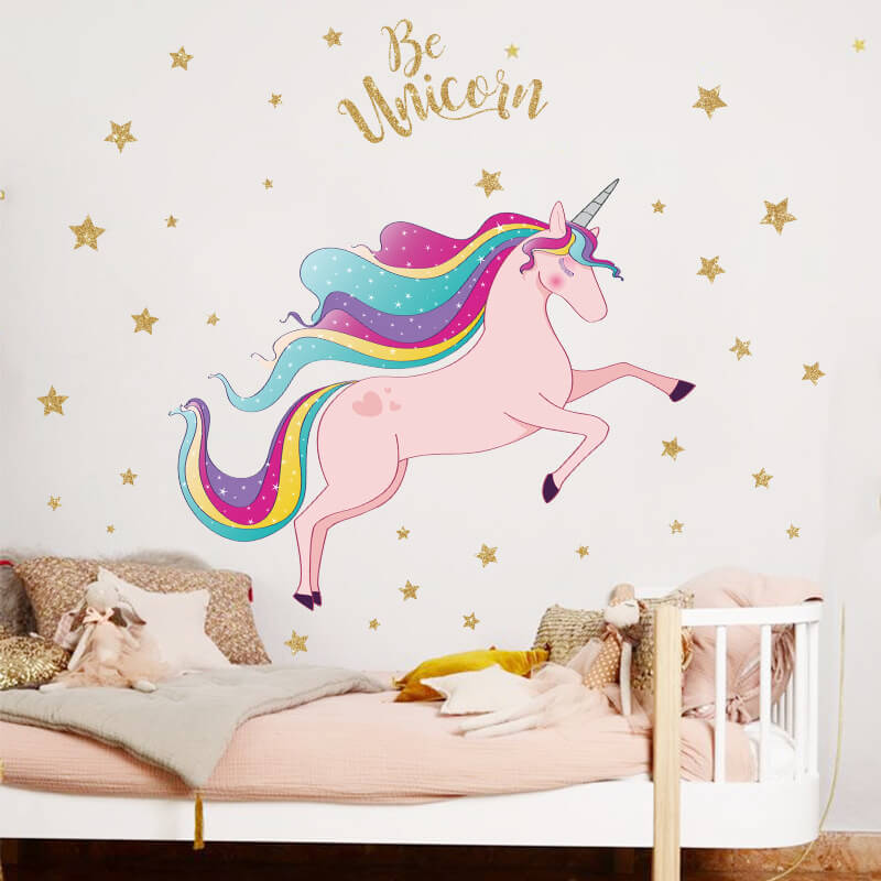 Wandaufkleber für das Kinderzimmer Pink Unicorn with stars